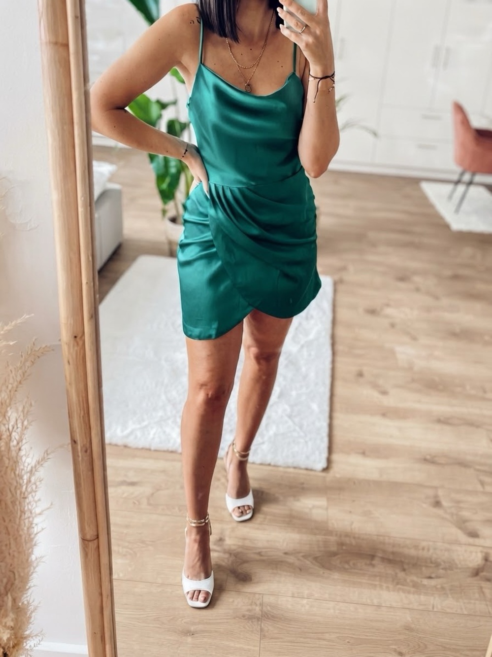 Zara Satin Effect Draped Wrap Mini Dress Emerald Green Size S Holiday Party